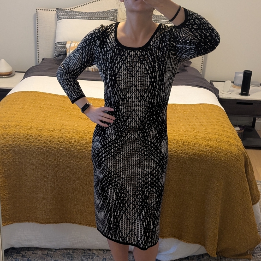 Black and Cream Patterned Sweater Dress